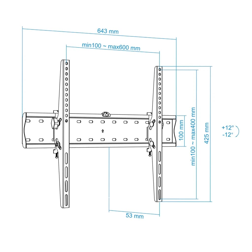 Suporte TV TooQ Preto Parede inclinável 37 polegadas-70 polegadas VESA 600x400mm LP4270T-B, diagrama técnico: largura 643mm