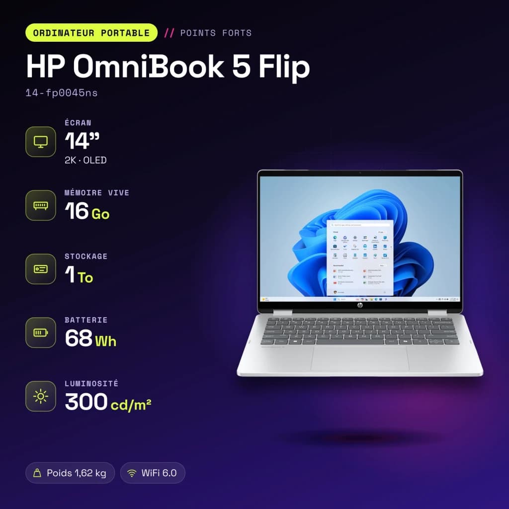 Portátil 2 en 1 HP OmniBook 5 Flip 16GB/1TB SSD 14 pulgadas OLED 2K Táctil Intel Core 7 150U NVMe PCIe 4.0 Windows 11 Home Plata 14-fp0045ns - características