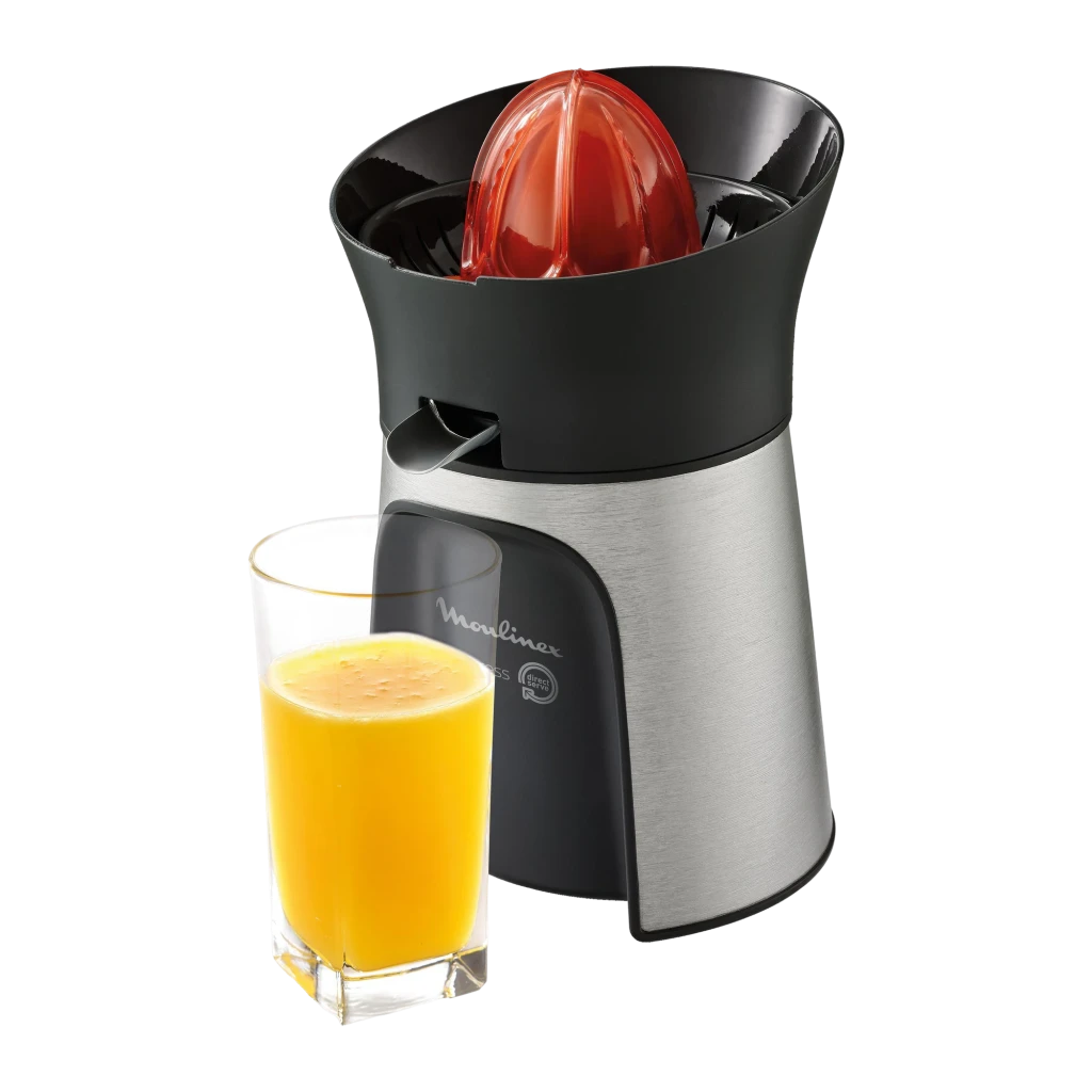 Exprimidor de cítricos Moulinex Vitapress 100W Anti goteo Plata PC603D, detalle: cono rojo y vaso de zumo de naranja recién