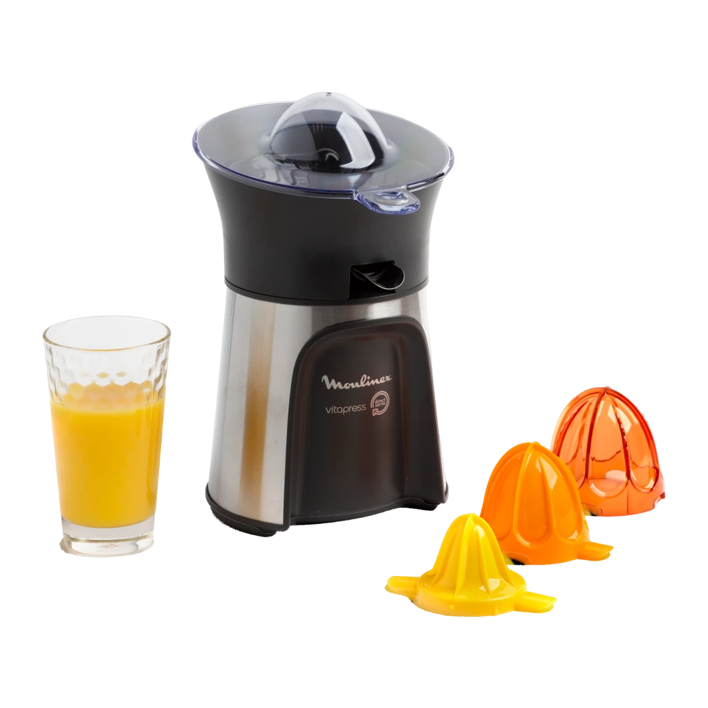 Exprimidor de cítricos Moulinex Vitapress 100W Anti goteo Plata PC603D, detalle: 3 conos intercambiables, vaso de zumo