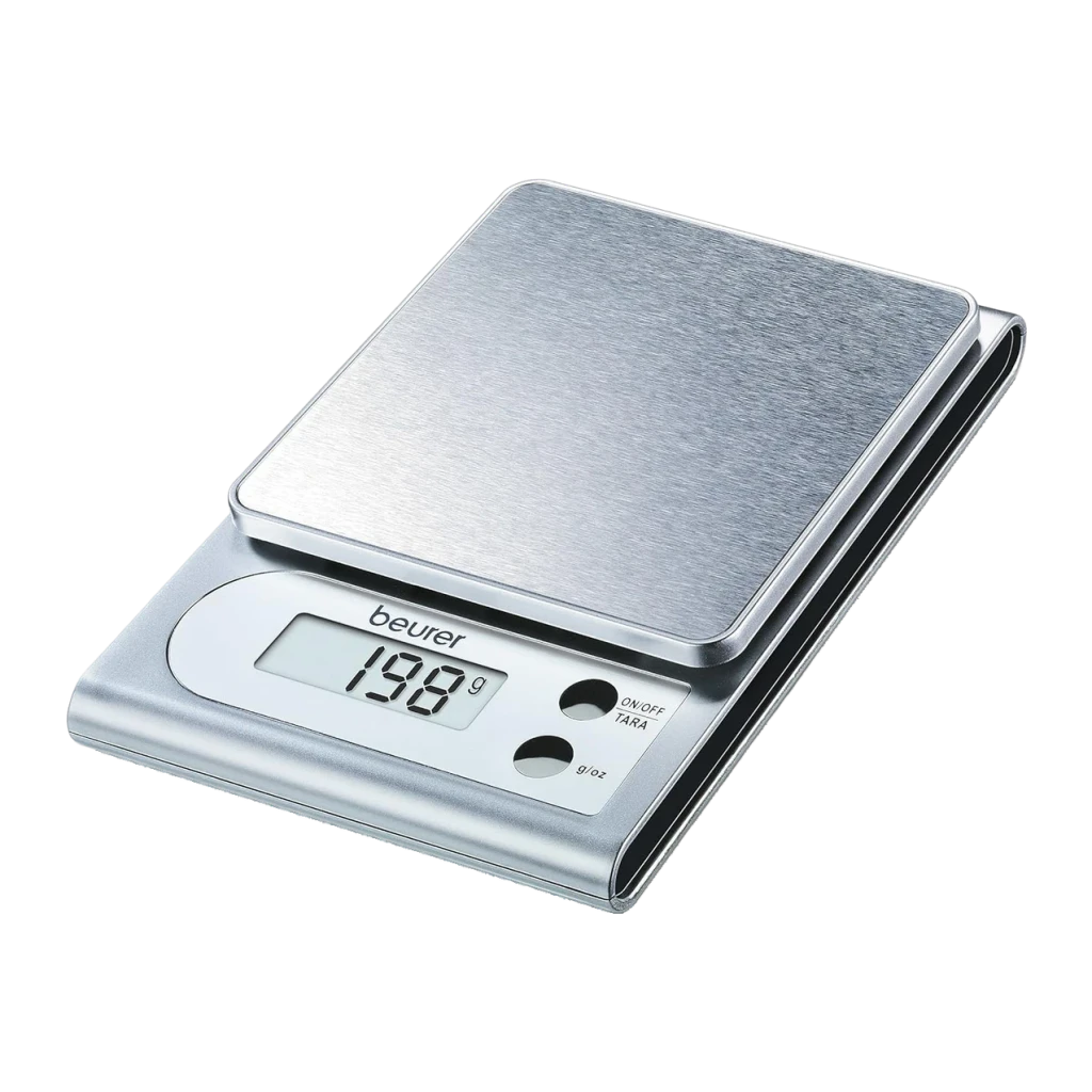 Báscula de cocina Beurer KS 22 3 kg / 1 g precisión Acero Inoxidable, vista frontal: plataforma cepillada, pantalla LCD