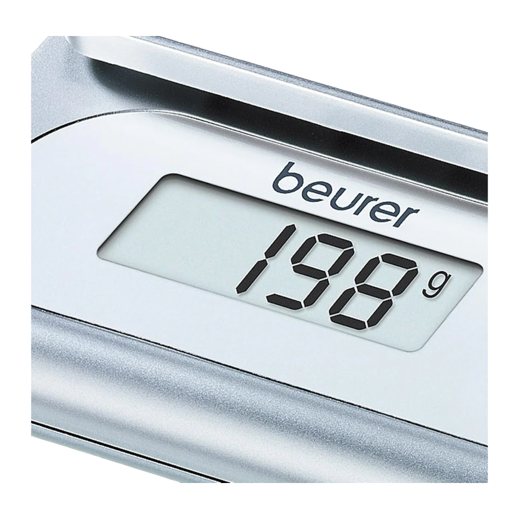 Báscula de cocina Beurer KS 22 3 kg / 1 g precisión Acero Inoxidable, detalle: pantalla LCD mostrando 198 g en primer plano