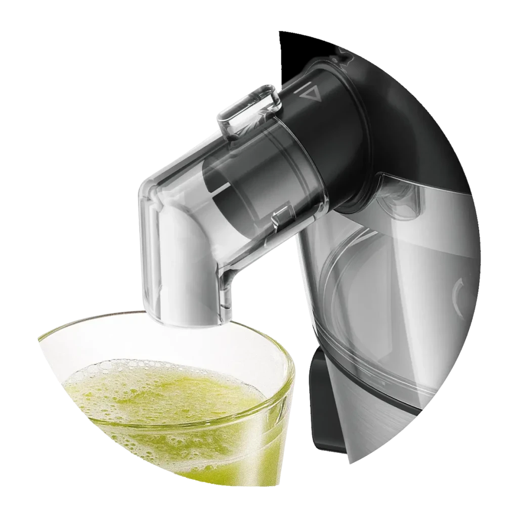 Licuadora Philips Viva Collection 500W 1L pulpa / 500ml zumo Negro HR1832/00, detalle: pitorro vertiendo zumo verde en vaso