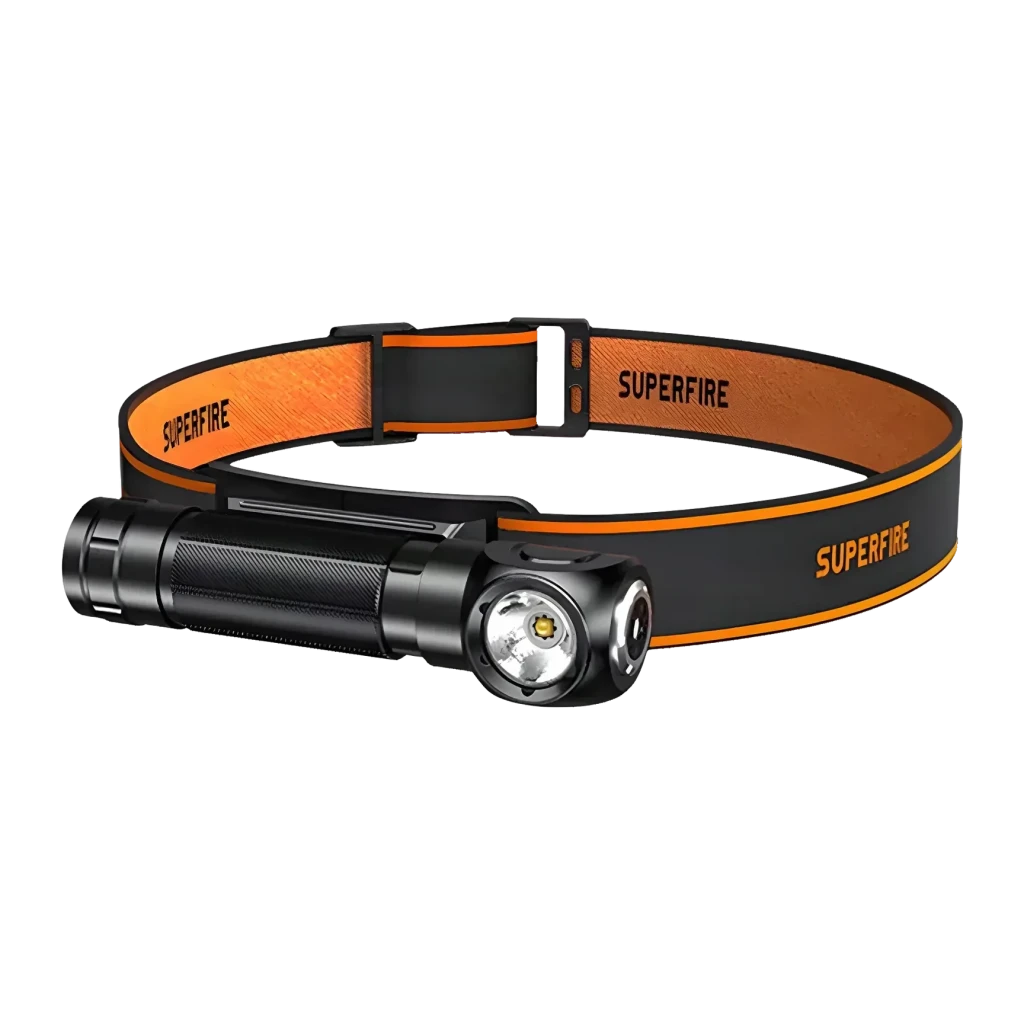 Lampe Frontale LED Superfire Rechargeable USB-C 1000 Lumens 146 m TH04-S, vue frontale: corps noir avec lentille LED