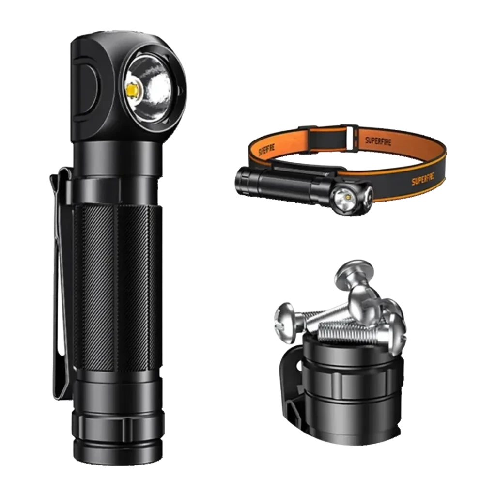 Lampe Frontale LED Superfire Rechargeable USB-C 1000 Lumens 146 m TH04-S, détail: corps coudé 90°, bandeau orange-noir