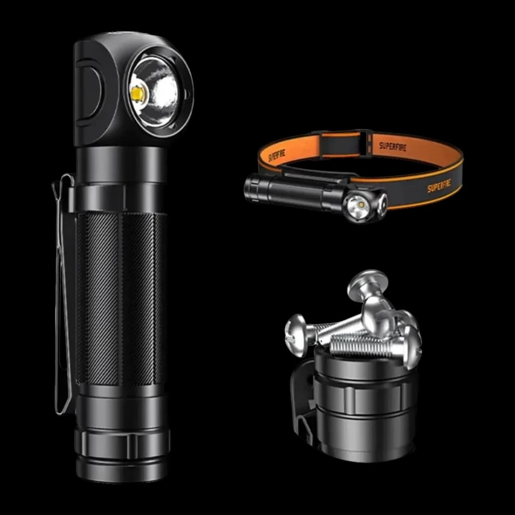 Lampe Frontale LED Superfire Rechargeable USB-C 1000 Lumens 146 m TH04-S, détail: corps coudé 90°, bandeau orange-noir