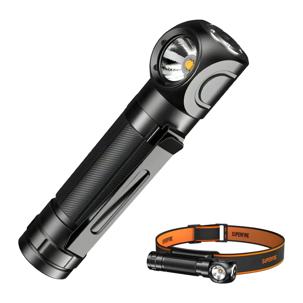 Lampe Frontale LED Superfire Rechargeable USB-C 1000 Lumens 146 m TH04-S, détail: module LED et corps texturé avec clip