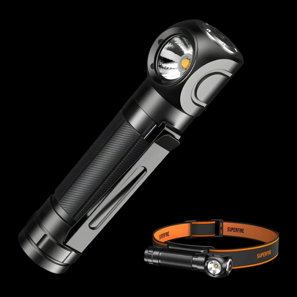 Lampe Frontale LED Superfire Rechargeable USB-C 1000 Lumens 146 m TH04-S, détail: module LED et corps texturé avec clip