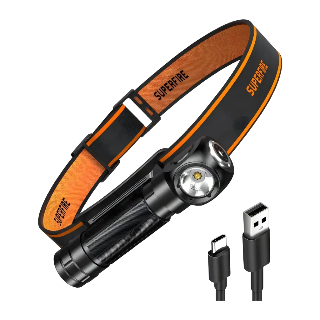 Lampe Frontale LED Superfire Rechargeable USB-C 1000 Lumens 146 m TH04-S, détail: corps noir avec tête pivotante, bandeau