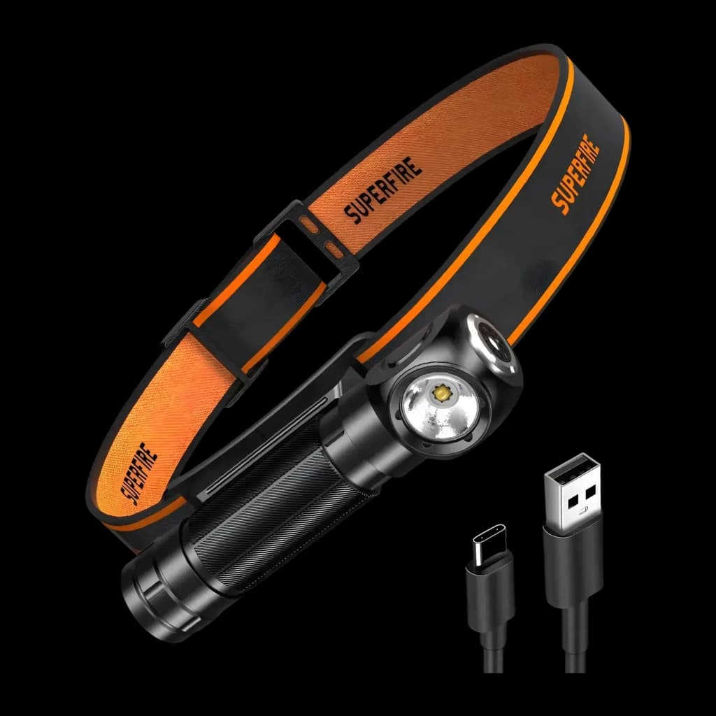 Lampe Frontale LED Superfire Rechargeable USB-C 1000 Lumens 146 m TH04-S, détail: corps noir avec tête pivotante, bandeau