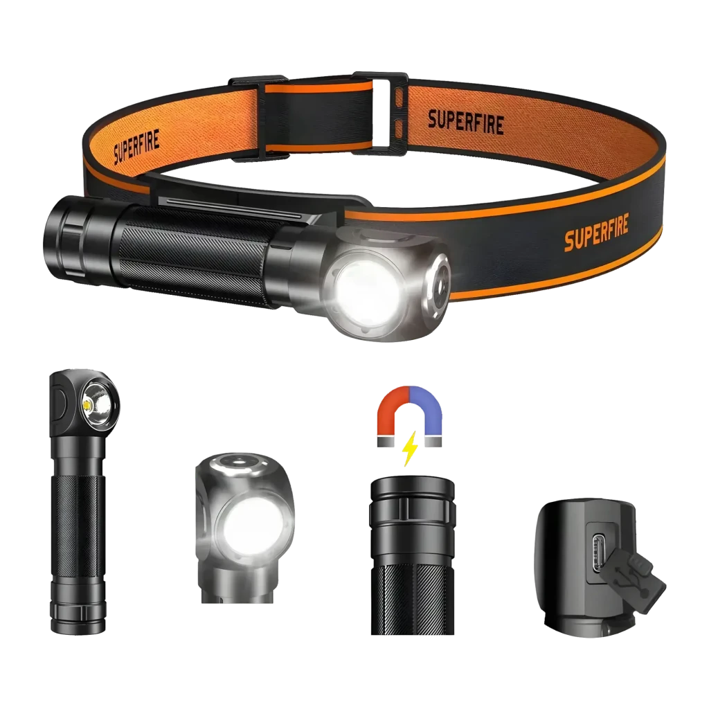 Lampe Frontale LED Superfire Rechargeable USB-C 1000 Lumens 146 m TH04-S, détail: bandeau orange-noir, tête pivotante, LED