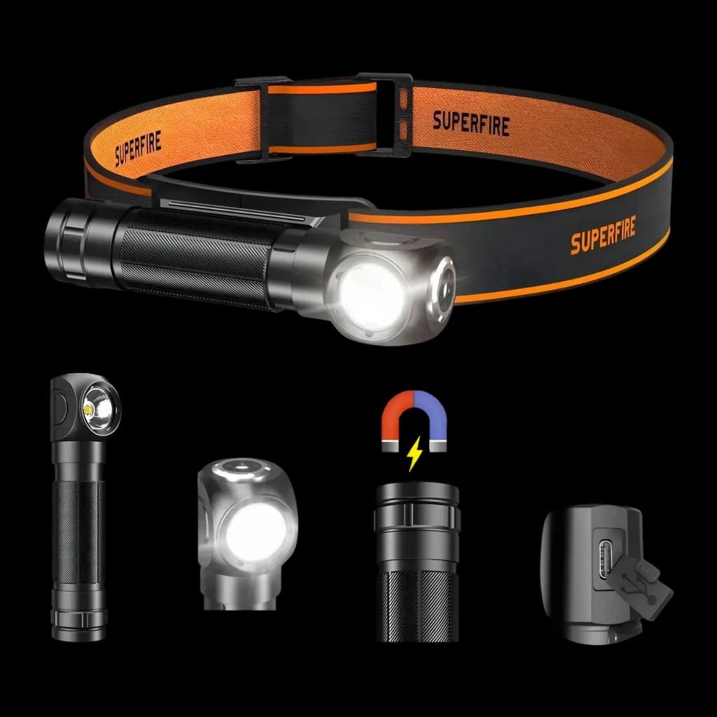Lampe Frontale LED Superfire Rechargeable USB-C 1000 Lumens 146 m TH04-S, détail: bandeau orange-noir, tête pivotante, LED