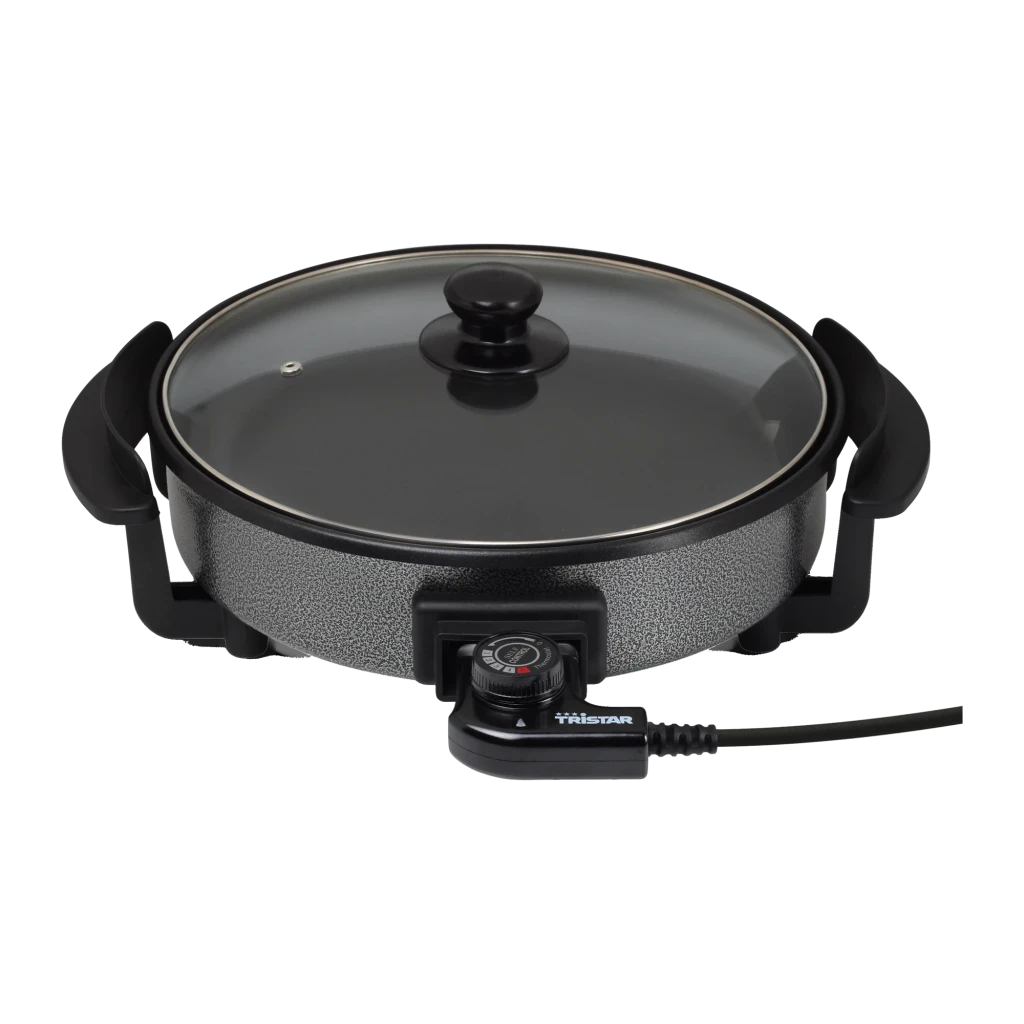 Paellera Eléctrica Tristar 1500W 30cm Negro PZ-2963, vista frontal: tapa de cristal, mando termostato y cable