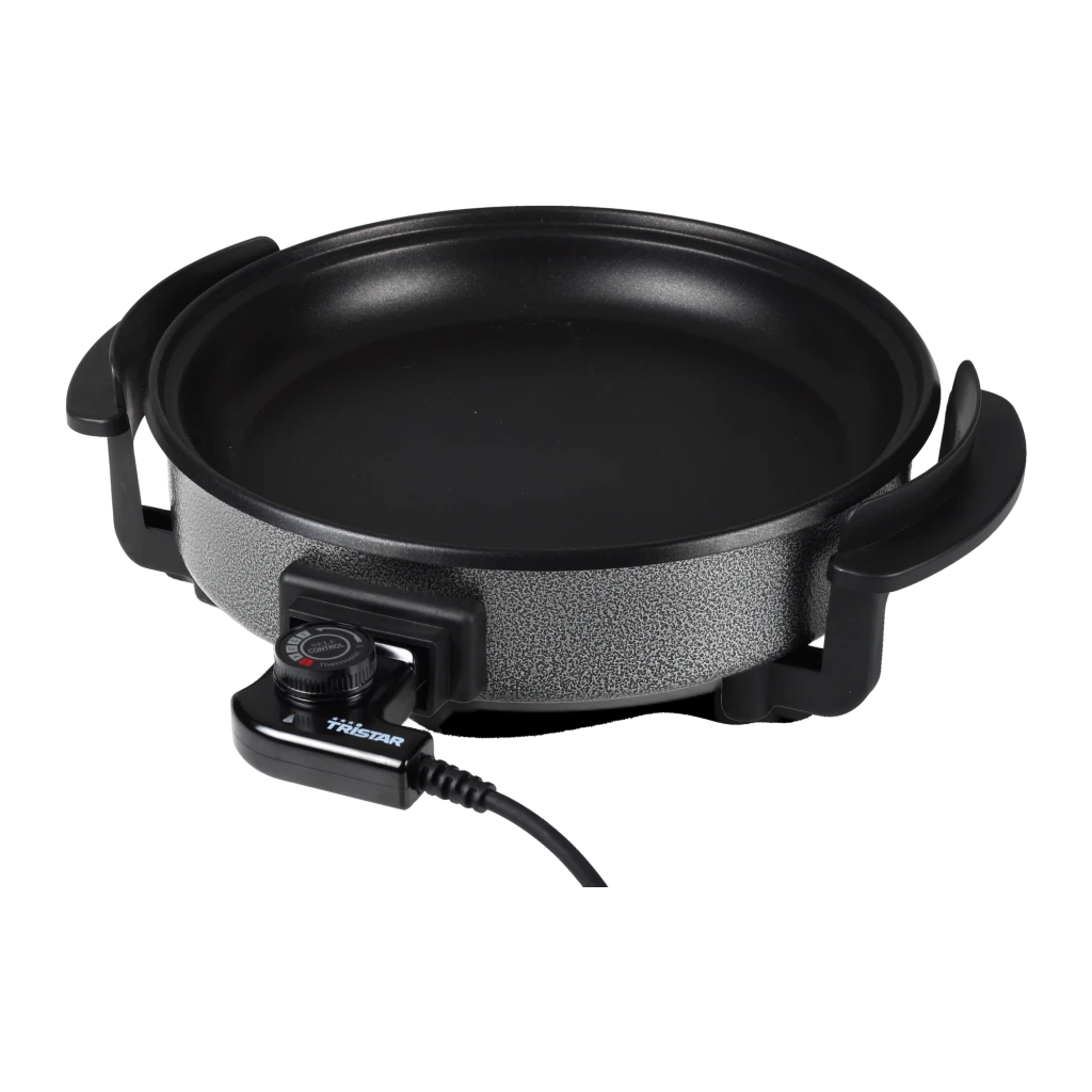 Paellera Eléctrica Tristar 1500W 30cm Negro PZ-2963, detalle: interior antiadherente, asas laterales y termostato con cable