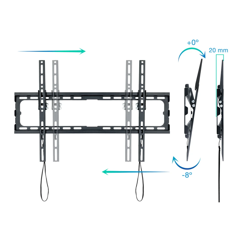 Support TV TooQ Noir Mural Inclinable 37-80 pouces LP1081T-B, schéma: vue de face et de profil avec inclinaison -8° à +0°