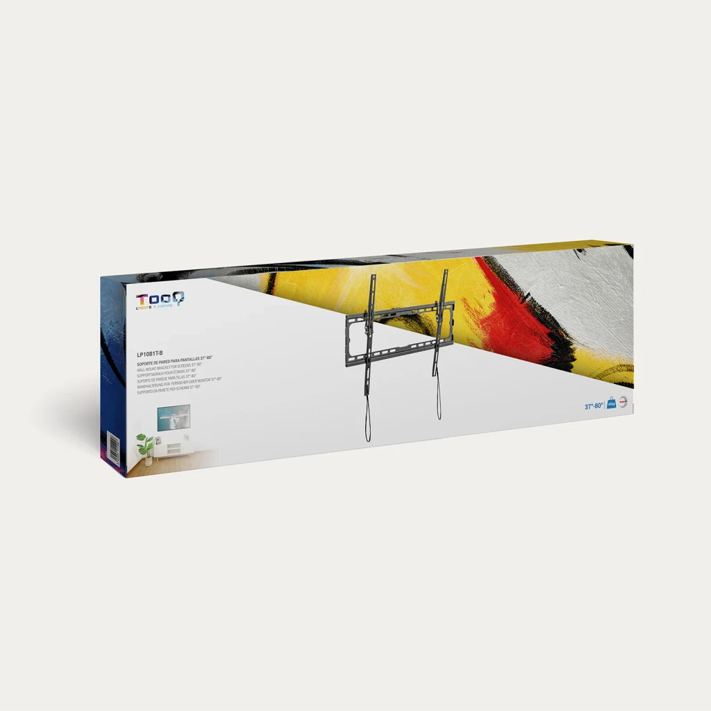 Support TV TooQ Noir Mural Inclinable 37-80 pouces LP1081T-B, contenu de la boîte: boîte rectangulaire avec illustration