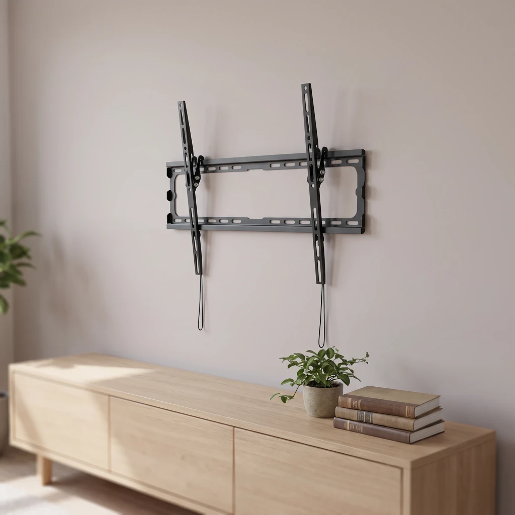 Soporte TV TooQ Negro Pared Inclinable 37-80 pulgadas LP1081T-B, en uso: montado en pared de salón sobre mueble de madera