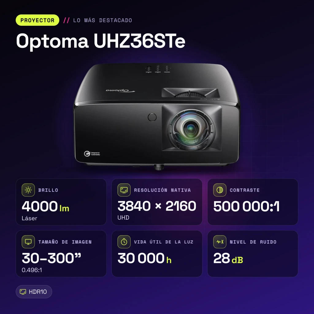 Projetor Optoma Laser DLP 4K UHD Curta Distância 0.496:1 4000 Lúmens ISO Preto UHZ36STe - características