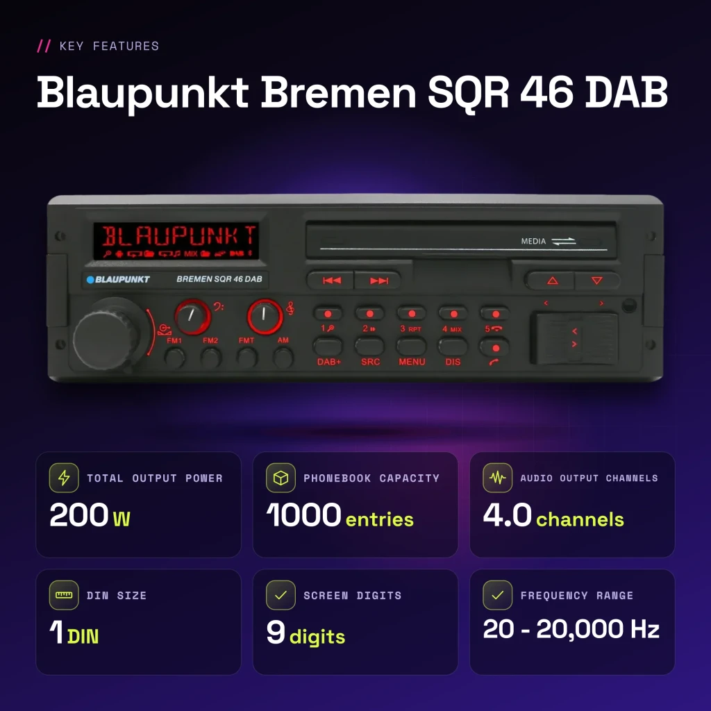 Auto-rádio Blaupunkt Bremen SQR 46 DAB Preto 1 DIN Bluetooth - características