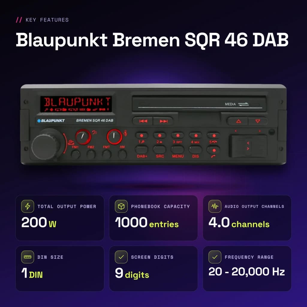 Auto-rádio Blaupunkt Bremen SQR 46 DAB Preto 1 DIN Bluetooth - características