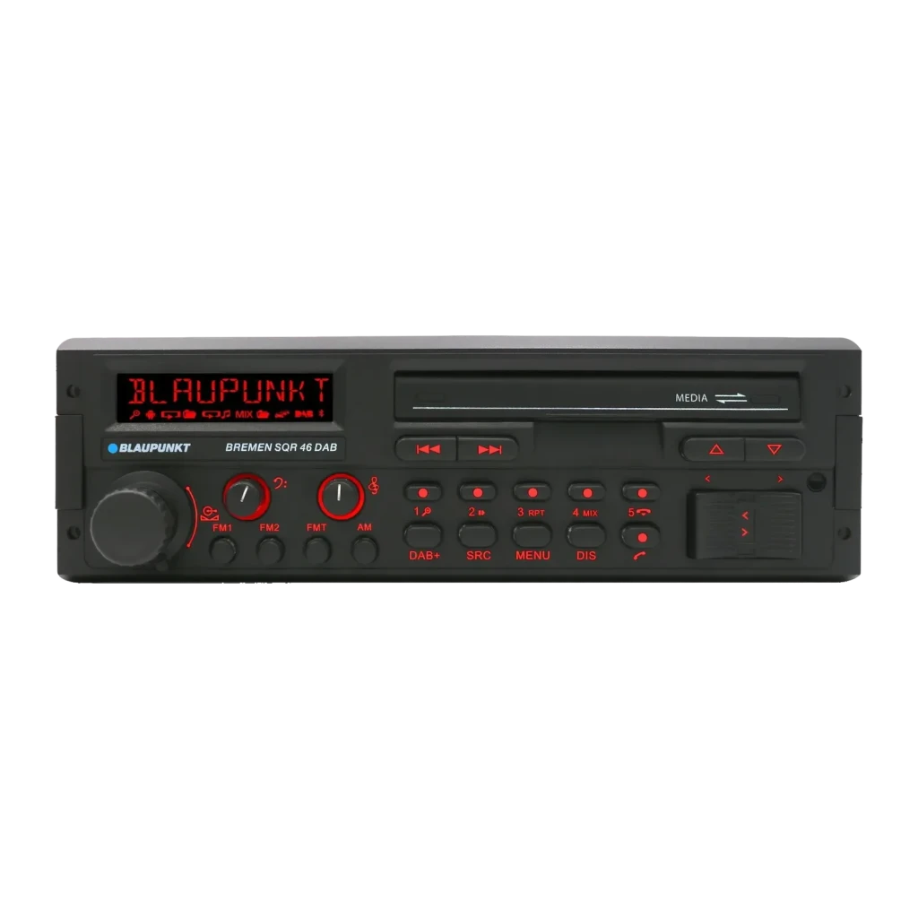 Auto-rádio Blaupunkt Bremen SQR 46 DAB Preto 1 DIN Bluetooth, vista frontal: ecrã LED vermelho, botões de controlo e ranhura