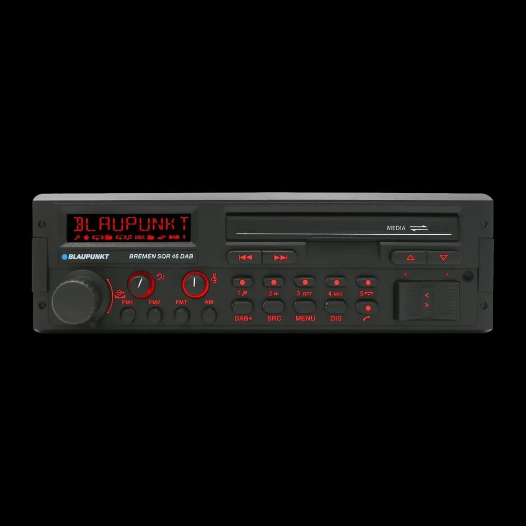 Auto-rádio Blaupunkt Bremen SQR 46 DAB Preto 1 DIN Bluetooth, vista frontal: ecrã LED vermelho, botões de controlo e ranhura