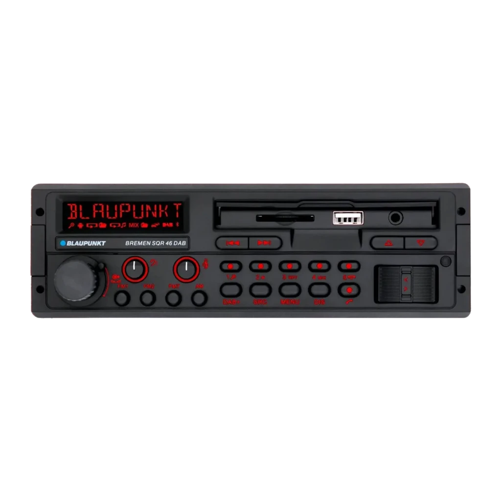 Auto-rádio Blaupunkt Bremen SQR 46 DAB Preto 1 DIN Bluetooth, detalhe frontal: ecrã LED vermelho aceso, botão de volume
