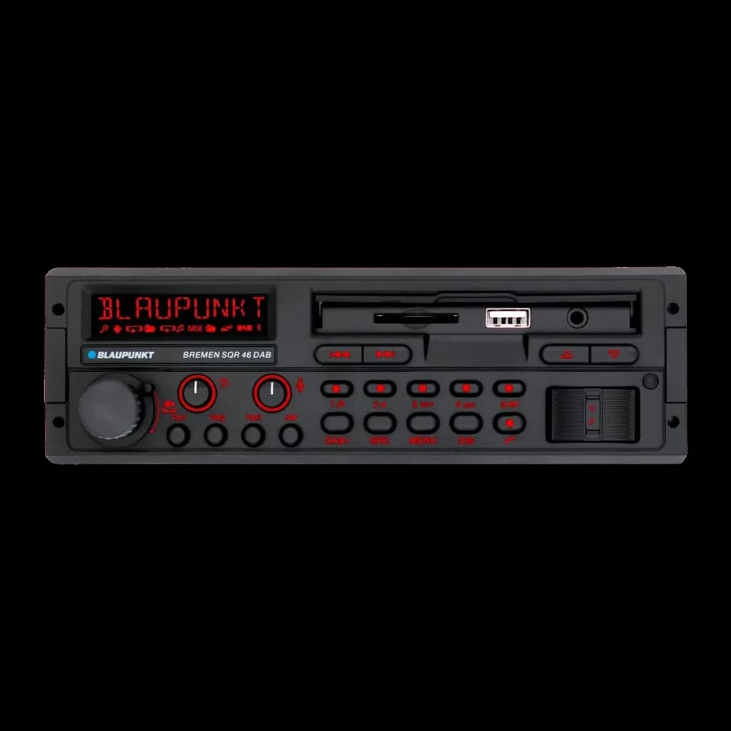 Auto-rádio Blaupunkt Bremen SQR 46 DAB Preto 1 DIN Bluetooth, detalhe frontal: ecrã LED vermelho aceso, botão de volume