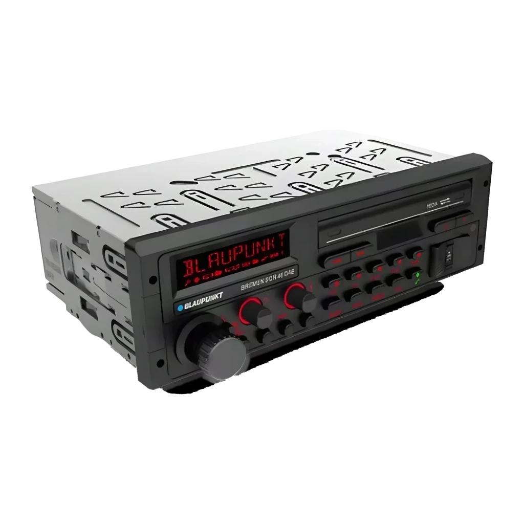 Auto-rádio Blaupunkt Bremen SQR 46 DAB Preto 1 DIN Bluetooth, detalhe: vista em perspetiva com display vermelho, botão