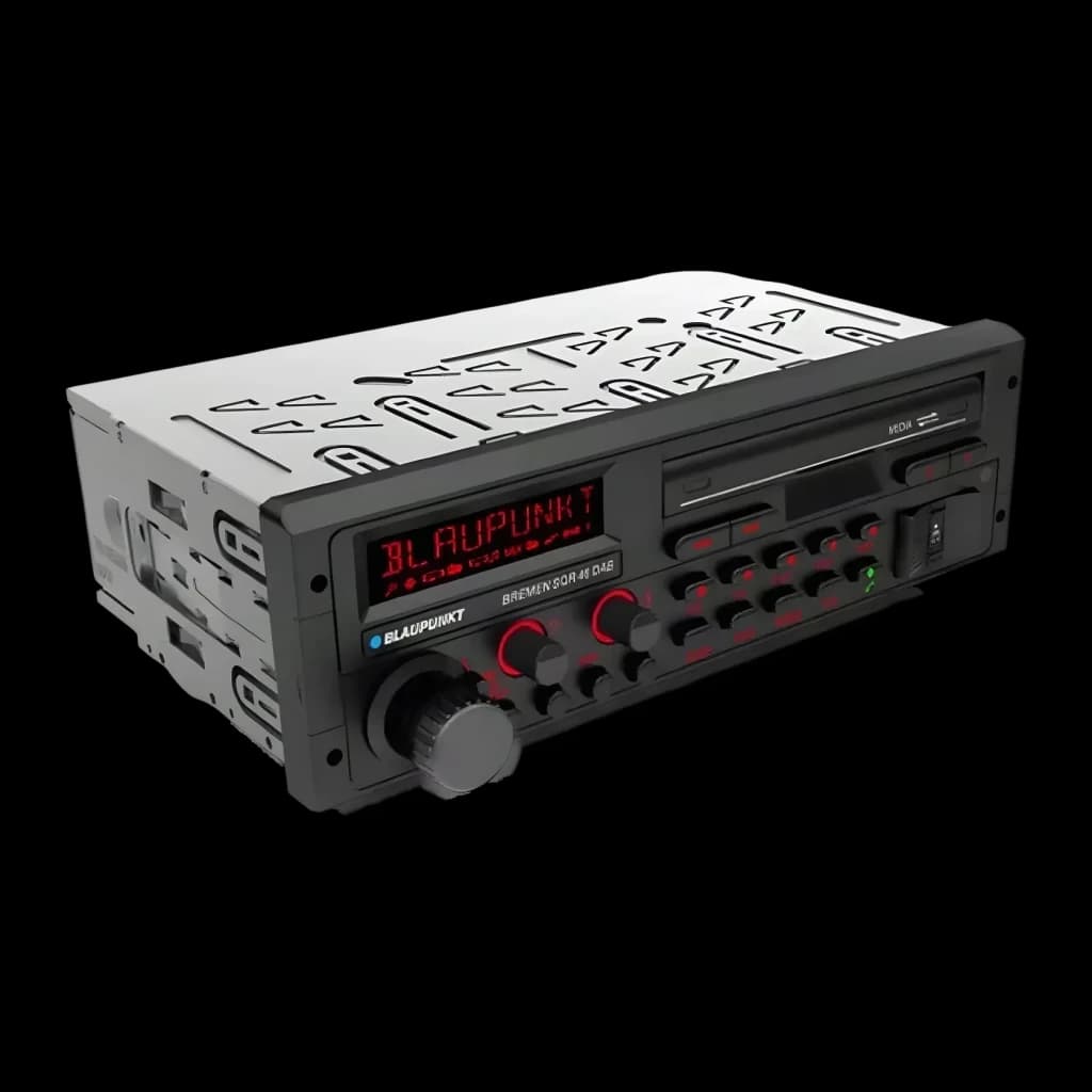 Auto-rádio Blaupunkt Bremen SQR 46 DAB Preto 1 DIN Bluetooth, detalhe: vista em perspetiva com display vermelho, botão