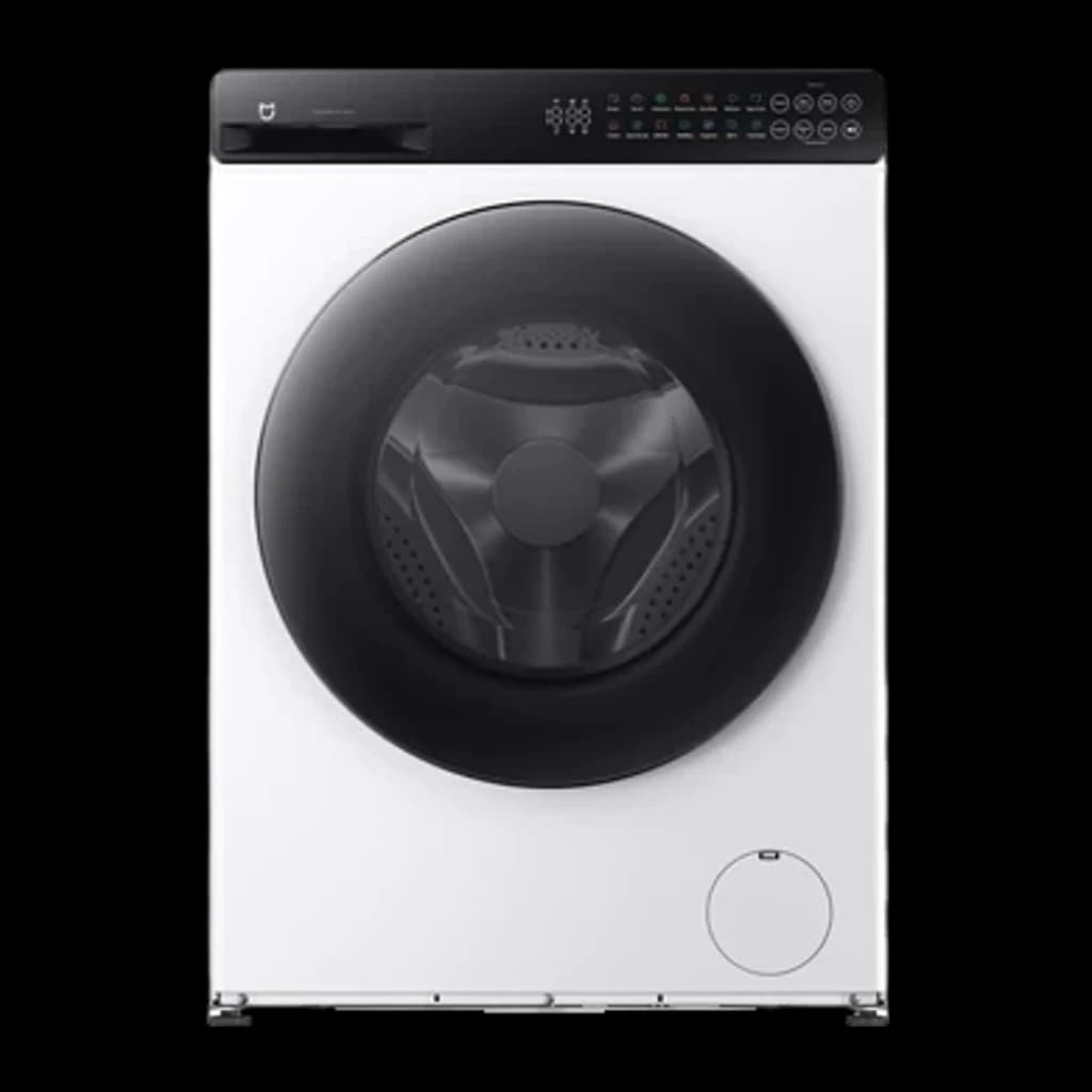 Lavadora-secadora Xiaomi Blanco QMP4656EU, vista frontal: puerta negra circular, panel de control superior y tambor interior