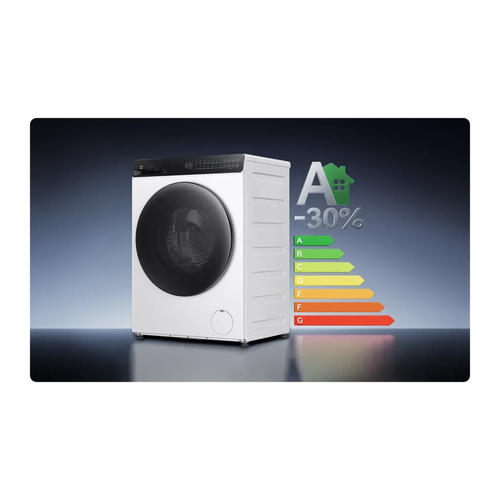 Lavadora-secadora Xiaomi Blanco QMP4656EU, vista lateral: etiqueta energética clase A -30% junto al panel de control