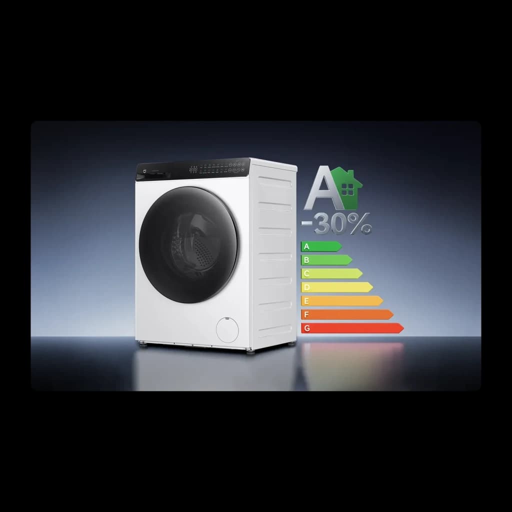 Lavadora-secadora Xiaomi Blanco QMP4656EU, vista lateral: etiqueta energética clase A -30% junto al panel de control
