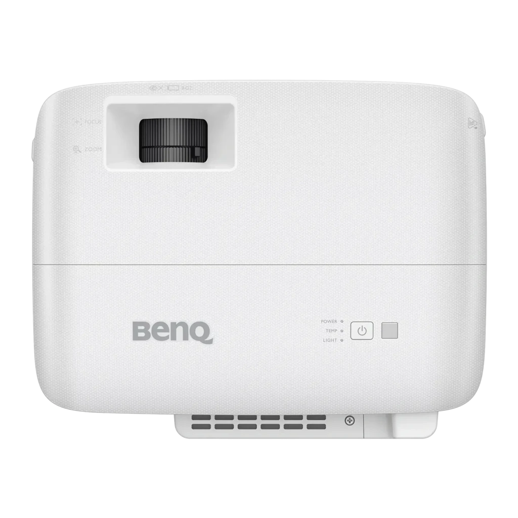 Projecteur BenQ 1080p Full HD 3800 lumens ANSI DLP Blanc MH560C, détail: vue du dessus avec objectif, bouton d'alimentation