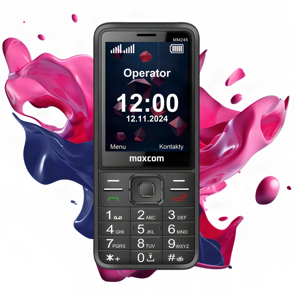 MaxCom Classic MM245 4G 2,8 polegadas 1000mAh Preto microSD, em uso: ecrã ligado com hora e teclado numérico, salpicos