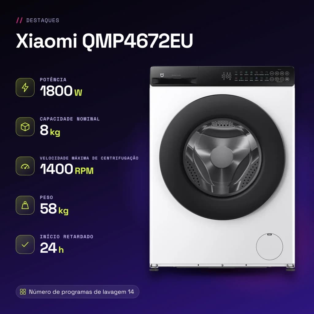 Lavadora Xiaomi 1800W 8kg Blanco QMP4672EU - características