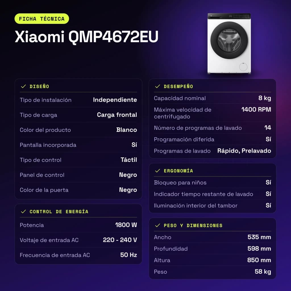 Lavadora Xiaomi 1800W 8kg Blanco QMP4672EU - características