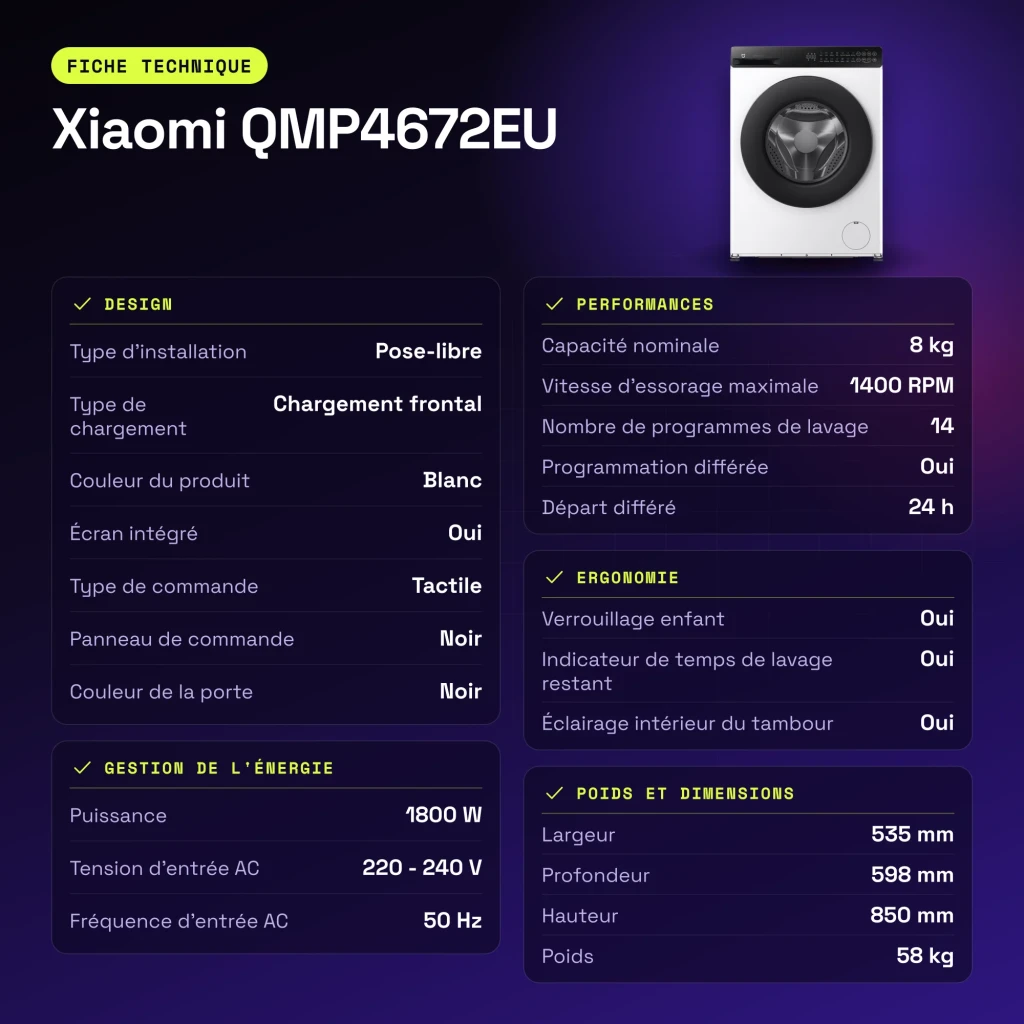 Lavadora Xiaomi 1800W 8kg Blanco QMP4672EU - características