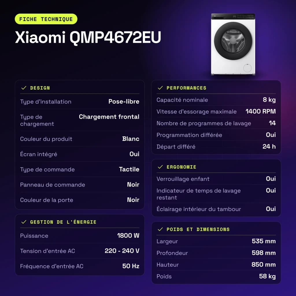 Lavadora Xiaomi 1800W 8kg Blanco QMP4672EU - características