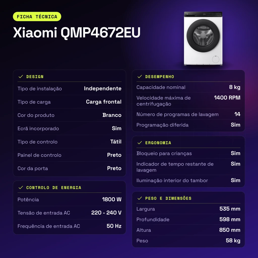 Lavadora Xiaomi 1800W 8kg Blanco QMP4672EU - características