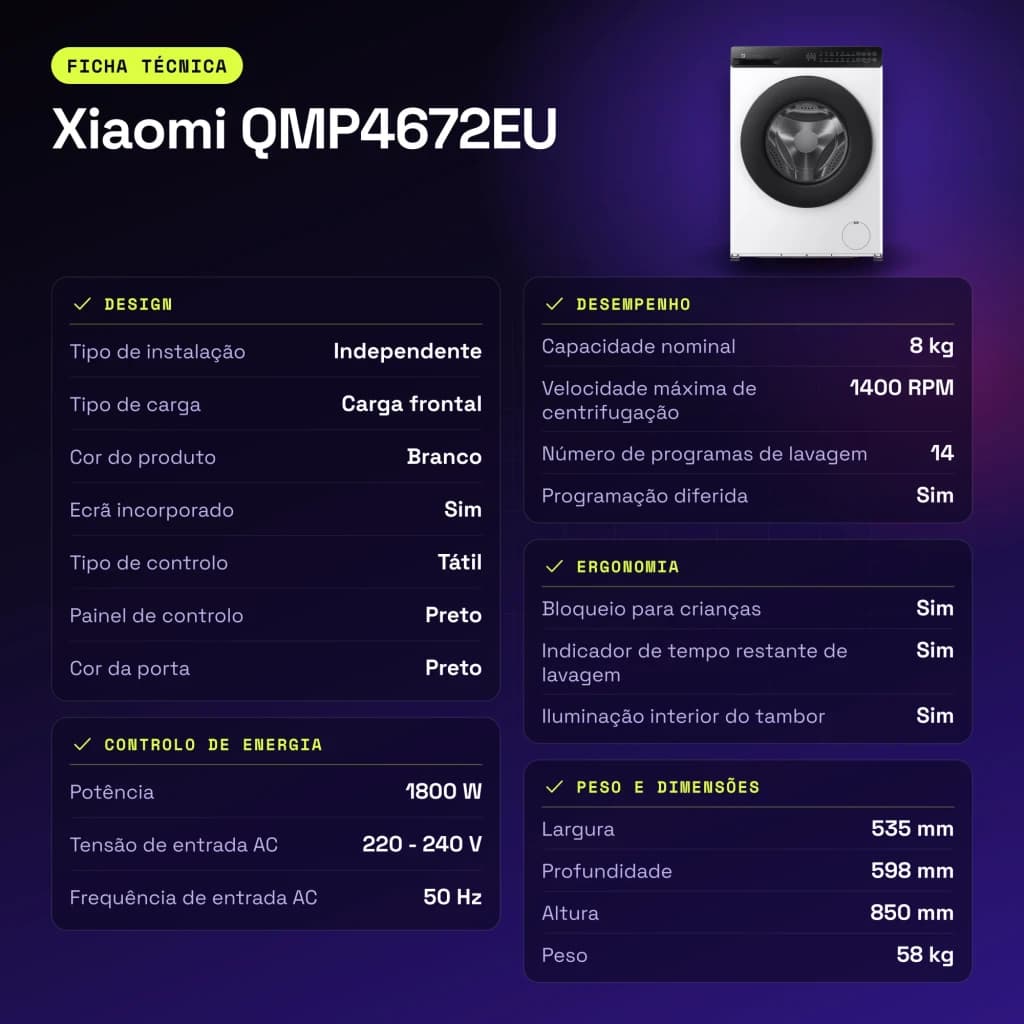 Lavadora Xiaomi 1800W 8kg Blanco QMP4672EU - características