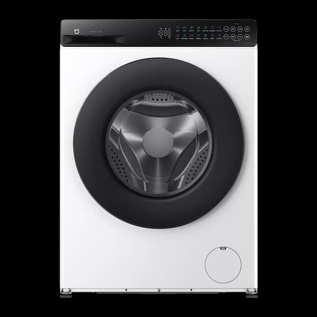 Lavadora Xiaomi 1800W 8kg Blanco QMP4672EU, vista frontal: puerta negra circular, tambor metálico y panel táctil superior