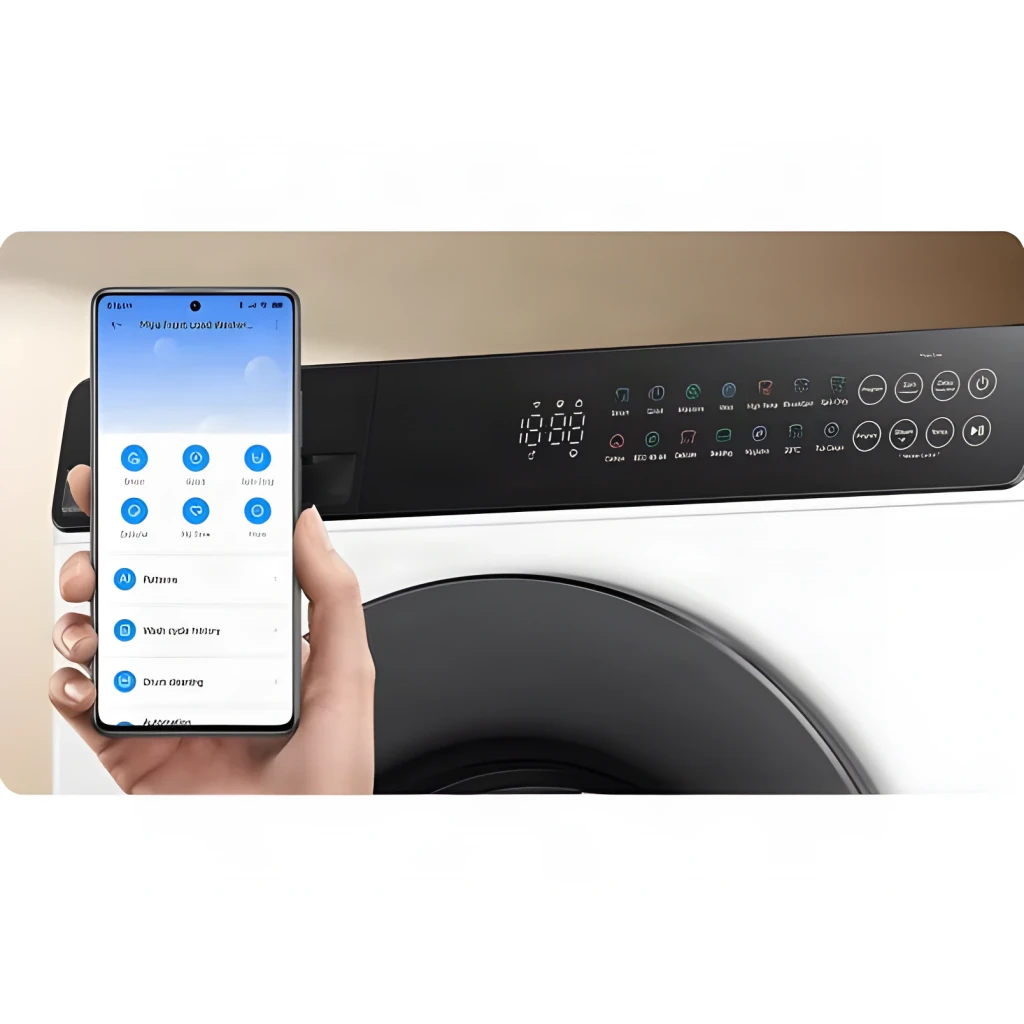Lavadora Xiaomi 1800W 8kg Blanco QMP4672EU, detalle: panel de control con display y app Mijia en smartphone