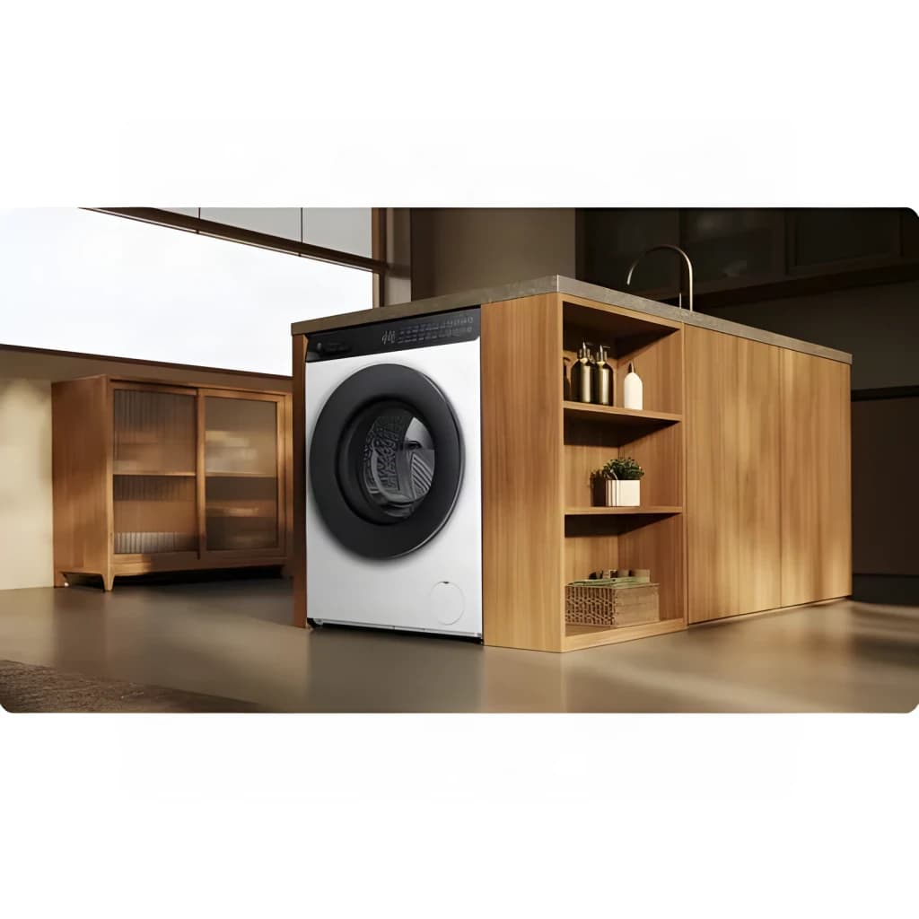 Lavadora Xiaomi 1800W 8kg Blanco QMP4672EU, vista frontal: integrada en mueble de madera con puerta circular negra y panel