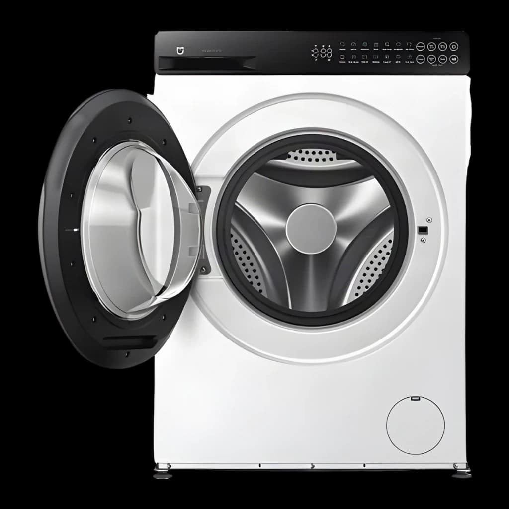 Lavadora Xiaomi 1800W 8kg Blanco QMP4672EU, vista frontal: puerta abierta con tambor plateado y panel de control negro