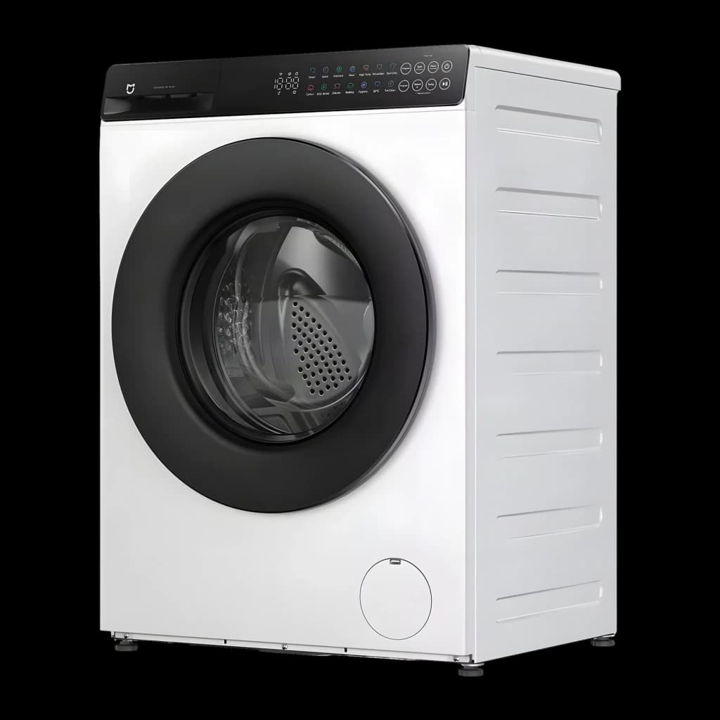 Lavadora Xiaomi 1800W 8kg Blanco QMP4672EU, vista en ángulo: panel táctil negro, puerta circular y lateral acanalado