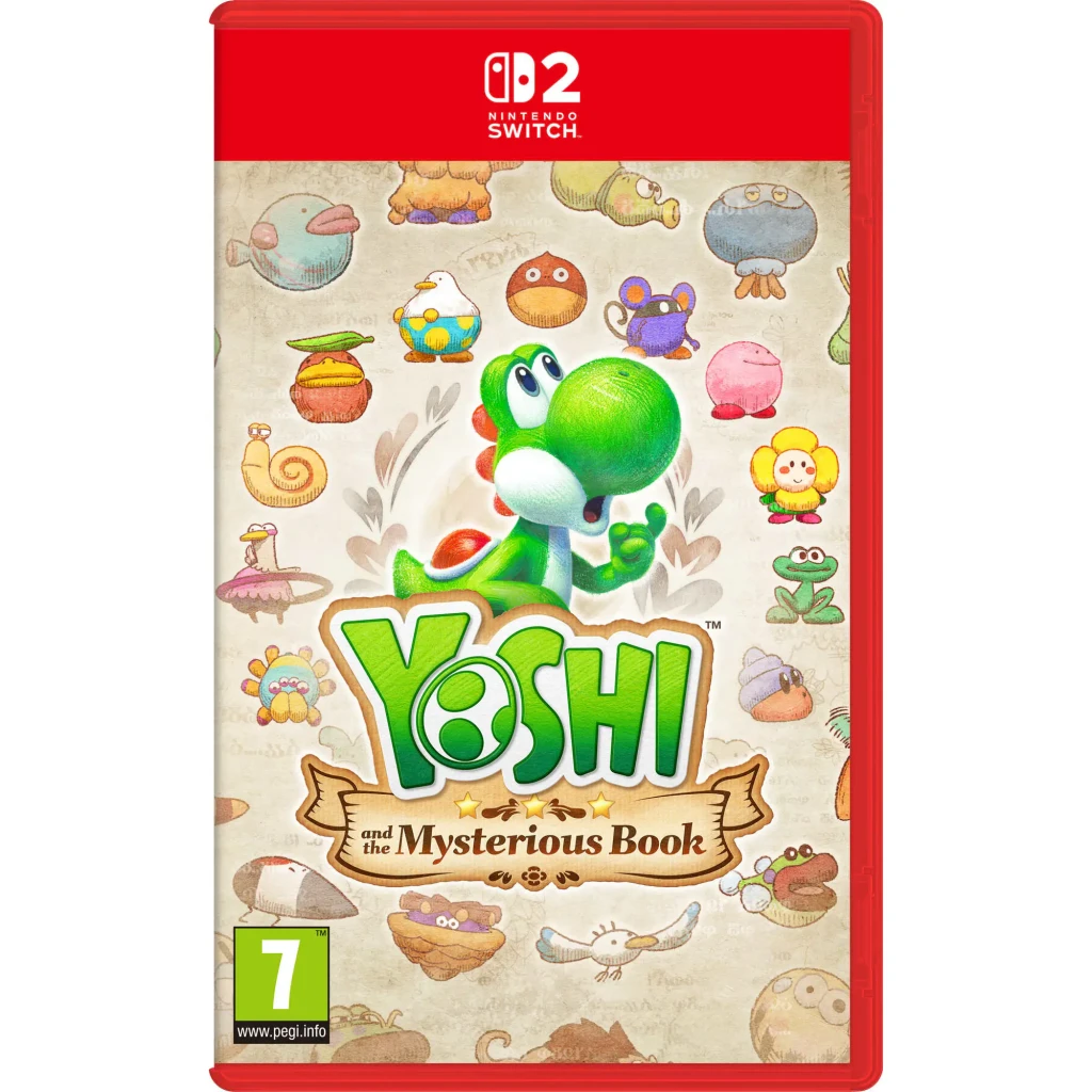 Videojogo Nintendo Yoshi and the Mysterious Book Switch 2 Standard, vista frontal: capa com Yoshi verde rodeado