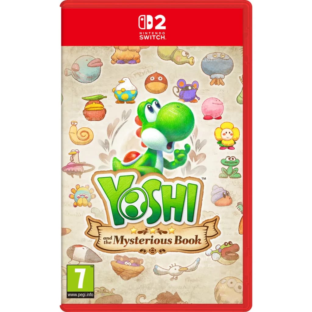 Videojogo Nintendo Yoshi and the Mysterious Book Switch 2 Standard, vista frontal: capa com Yoshi verde rodeado