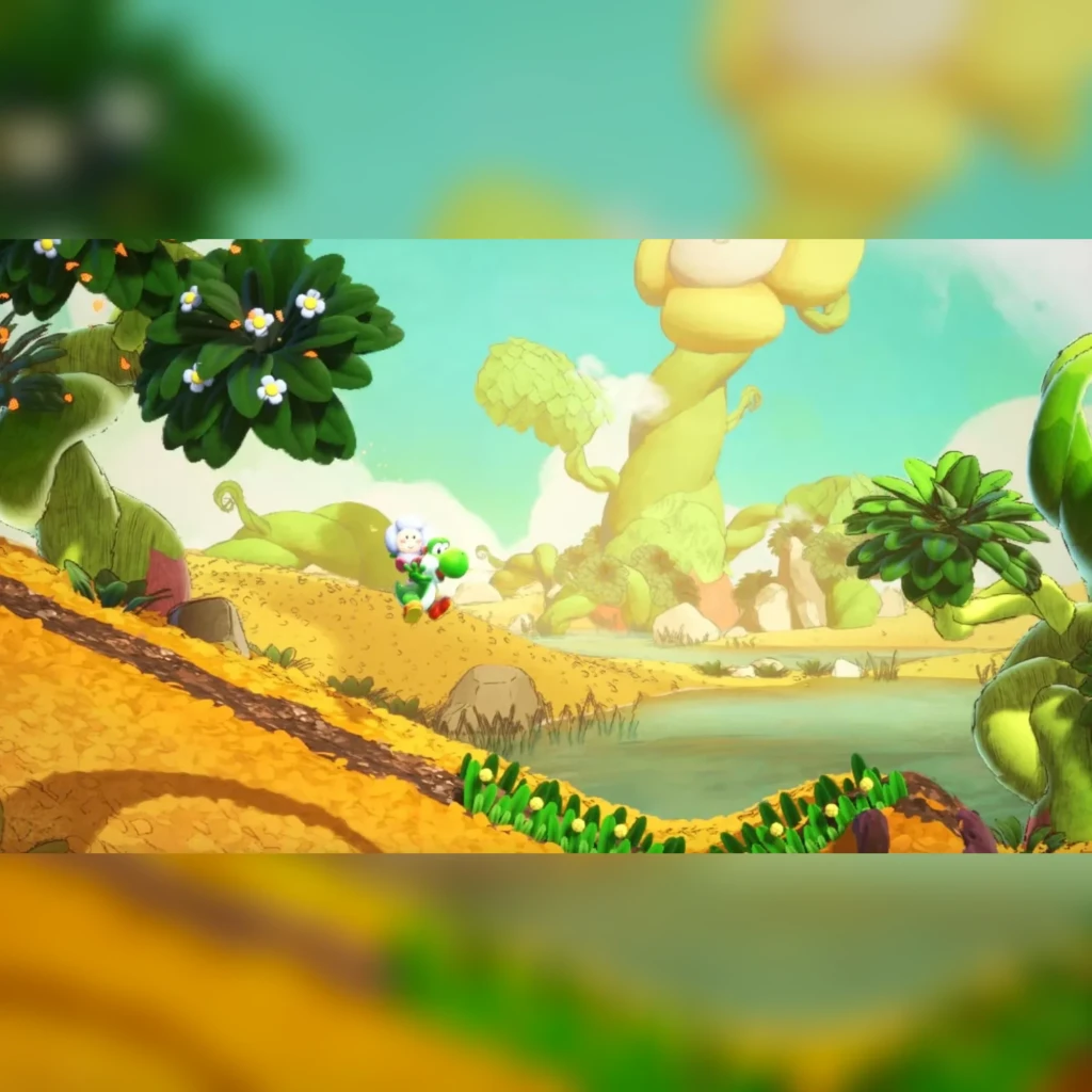 Videojogo Nintendo Yoshi and the Mysterious Book Switch 2 Standard, em uso: Yoshi corre por paisagem colorida com árvores
