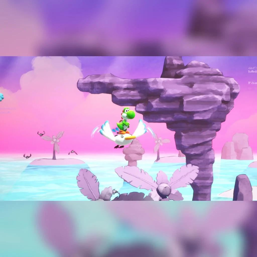 Videojogo Nintendo Yoshi and the Mysterious Book Switch 2 Standard, em uso: Yoshi voando em pássaro branco em nível pastel